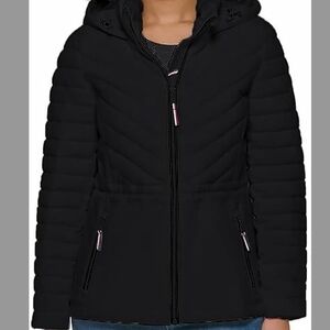 Tommy Hilfiger Women's Puffer Lightweight Hooded Stretch Jacket with Drawstring